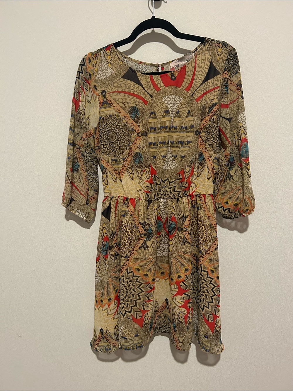Forever 21 Beige Dress with Red and Teal Geometric Print